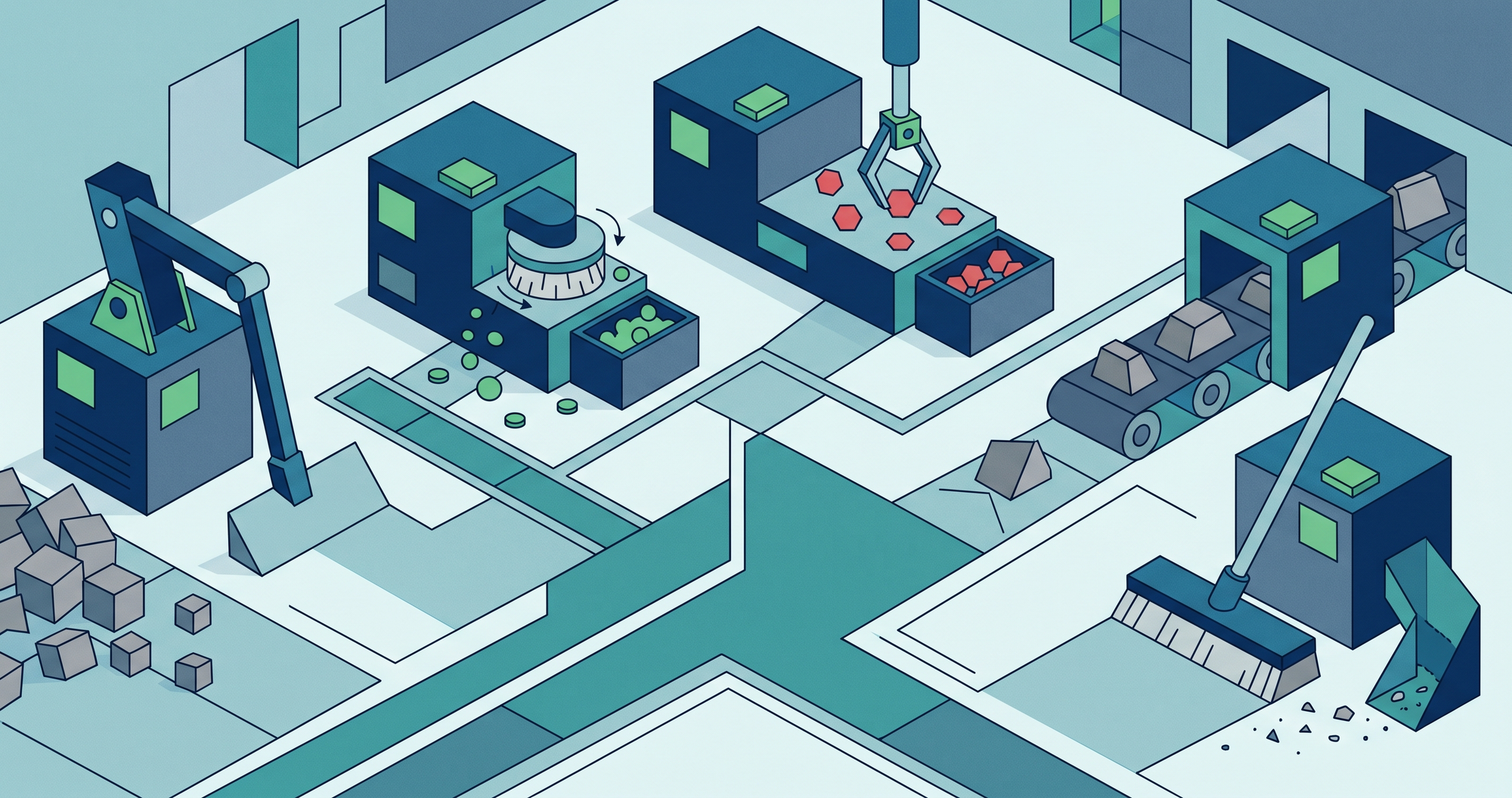 Flat geometric illustration of five lean manufacturing tools as connected modular blocks removing waste from a small factory floor, in teal, and slate with a green efficiency accent.