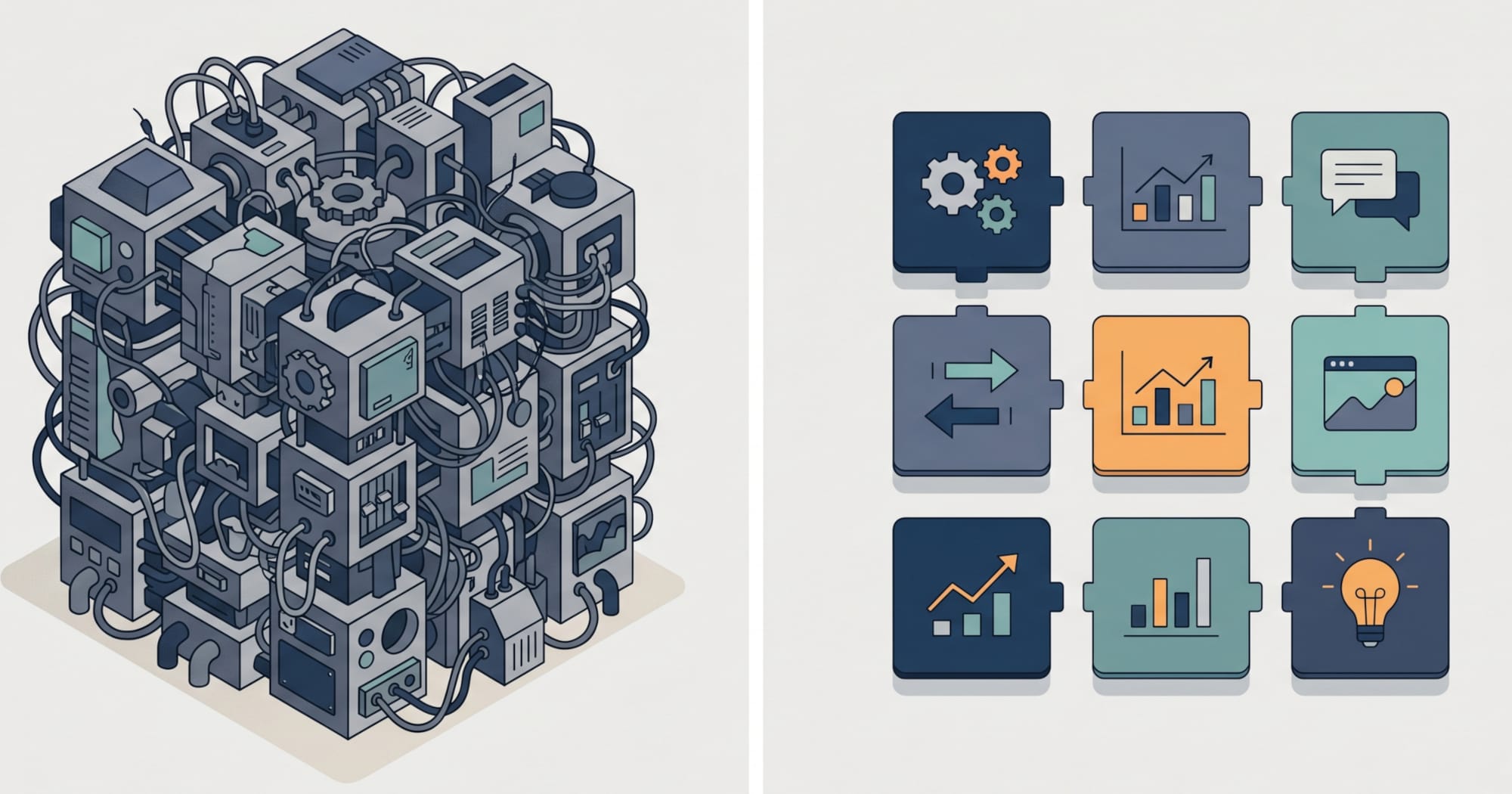 Flat isometric illustration contrasting a tangled monolithic system block on the left with clean modular app tiles snapping together on the right, in deep blue, slate, and teal.