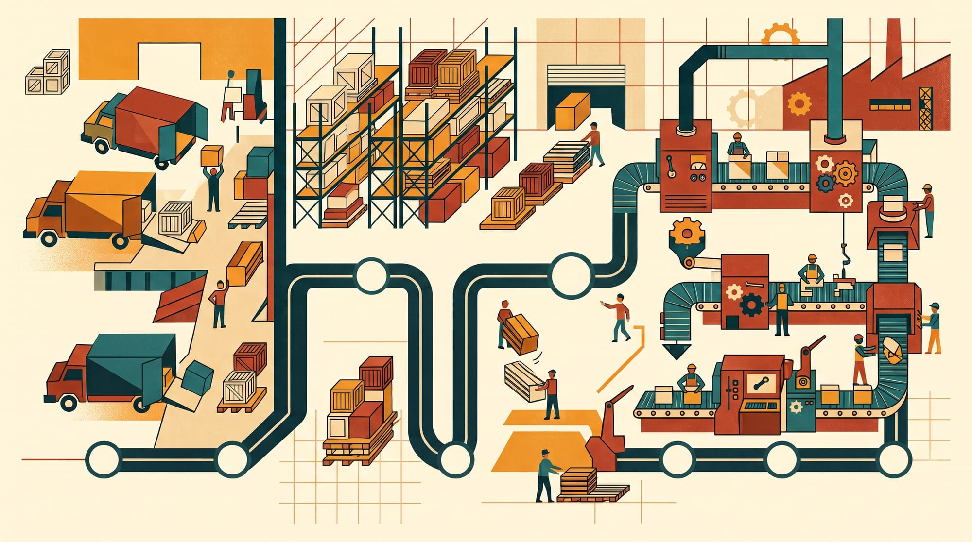 Constructivist illustration of material moving from receiving dock through storage and staging to a production line, with wait points highlighted, in amber, teal, and brick red.