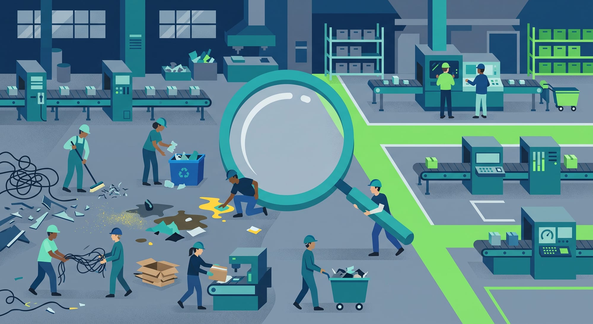 Flat geometric illustration of seven lean-waste blocks being cleared from a factory floor, a magnifying glass revealing hidden waste, in deep blue, teal, and slate with a green accent.