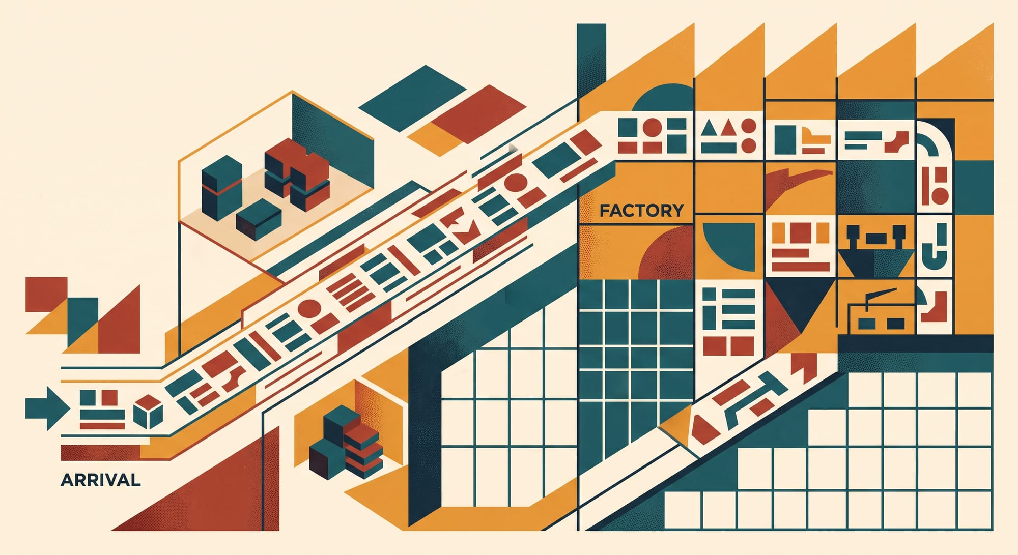 Constructivist illustration of just-in-time delivery to a small factory, a lean stream of parts arriving as needed with a few critical items in reserve, in amber, teal, and brick red.