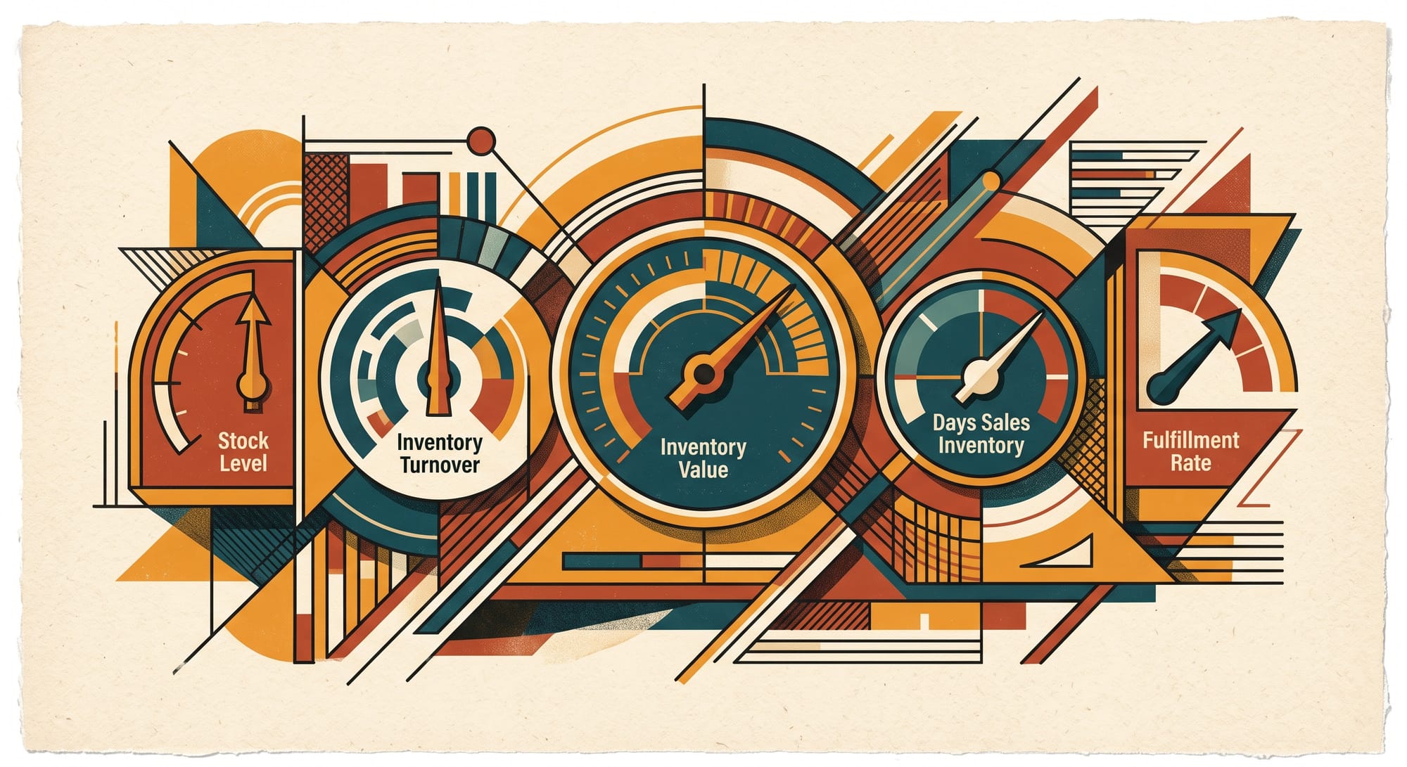 Constructivist illustration of an inventory dashboard showing five metric gauges - turnover, days of supply, stockouts, cost, and accuracy - in amber, teal, and brick red.