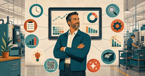 Confident shop floor manager in front of a live production dashboard, surrounded by productivity icons in a teal and terracotta factory illustration.