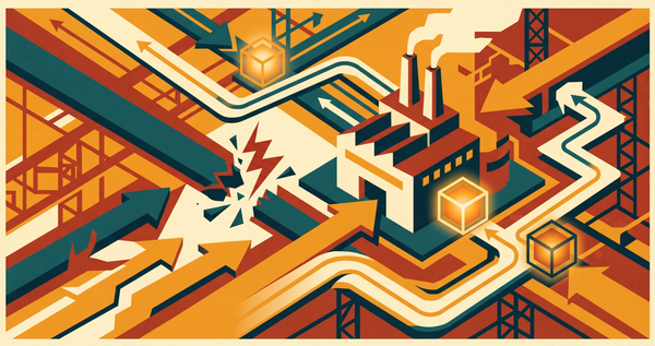 Constructivist illustration of a small factory weathering supply chain disruption, with protected materials and backup supply paths around a blocked route, in amber, teal, and brick red.