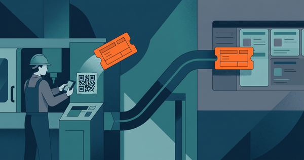 Flat geometric illustration of an operator scanning a machine QR code to raise a maintenance ticket that flows to a team queue, in deep blue, teal, and slate with an orange accent.