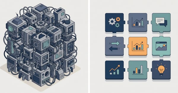 Flat isometric illustration contrasting a tangled monolithic system block on the left with clean modular app tiles snapping together on the right, in deep blue, slate, and teal.