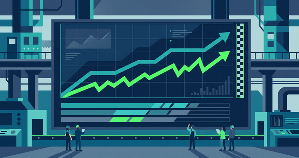 Flat geometric illustration of a factory scoreboard with a target line and an actual-output line racing toward a goal, in deep blue, teal, and slate with a green accent.