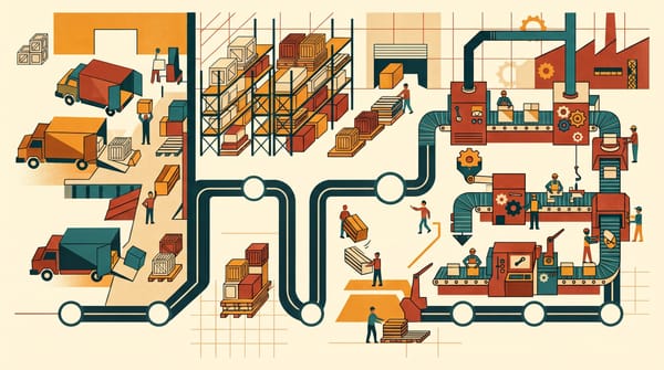 Constructivist illustration of material moving from receiving dock through storage and staging to a production line, with wait points highlighted, in amber, teal, and brick red.