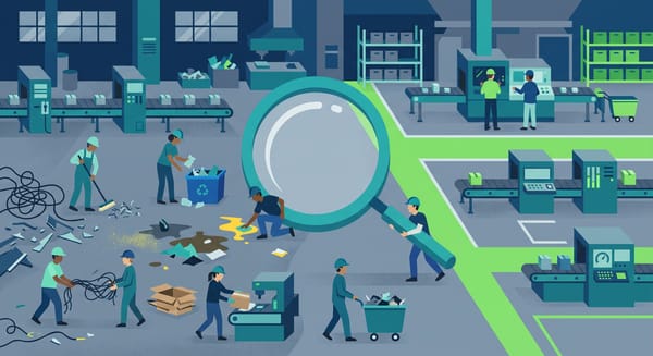 Flat geometric illustration of seven lean-waste blocks being cleared from a factory floor, a magnifying glass revealing hidden waste, in deep blue, teal, and slate with a green accent.