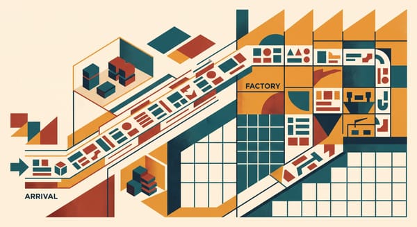 Constructivist illustration of just-in-time delivery to a small factory, a lean stream of parts arriving as needed with a few critical items in reserve, in amber, teal, and brick red.
