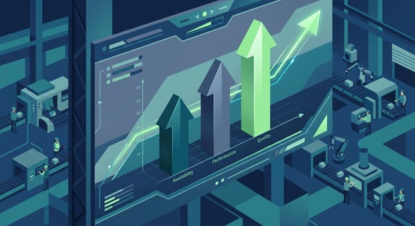 Flat geometric illustration of an OEE gauge climbing, with rising bars for Availability, Performance, and Quality on a factory floor, in deep blue, teal, and slate with a green accent.