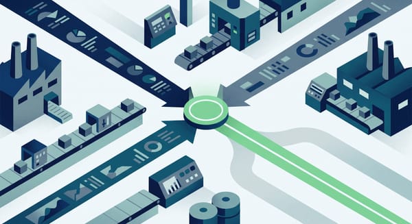 Flat geometric illustration of shop floor data streams converging into a single clear decision point, with one path highlighted for action, in deep blue, teal, and slate with a green accent.